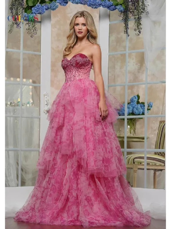 Price Cut Colors 3572 Beaded Formal Print Ruffle Long Prom Dress