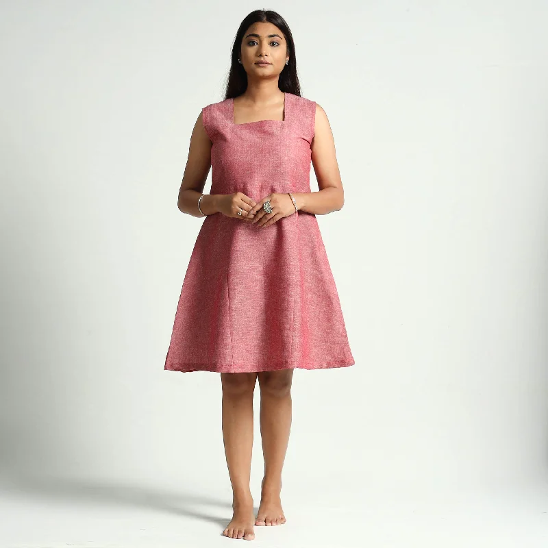 Discount Mania Pink - Red & White - Plain Handloom Cotton Dress