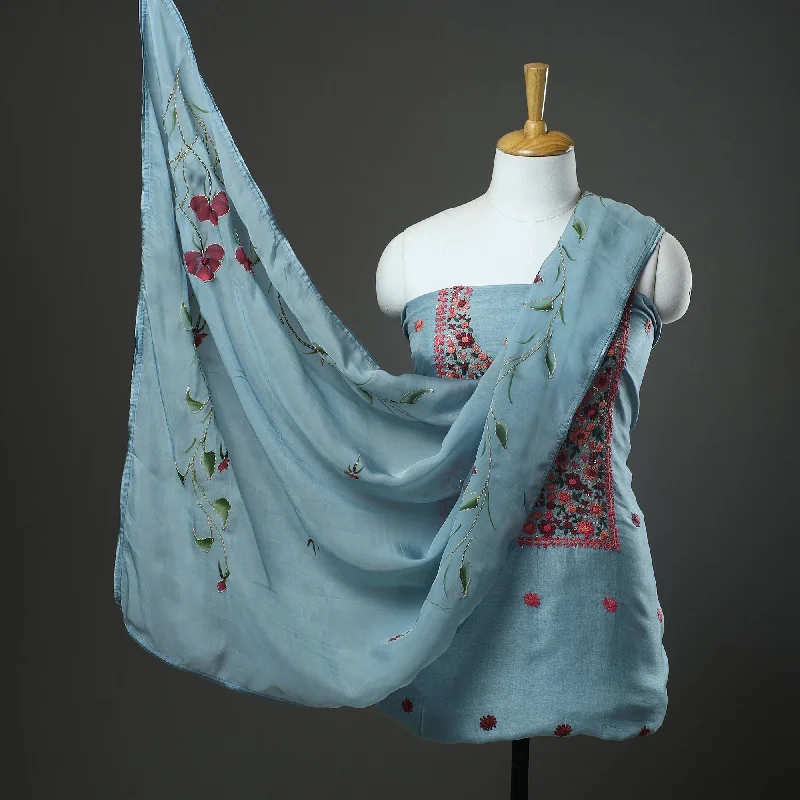 Huge Discounts Blue - 3pc Hand Embroidery Dupion Silk Phulkari Dress Material 15