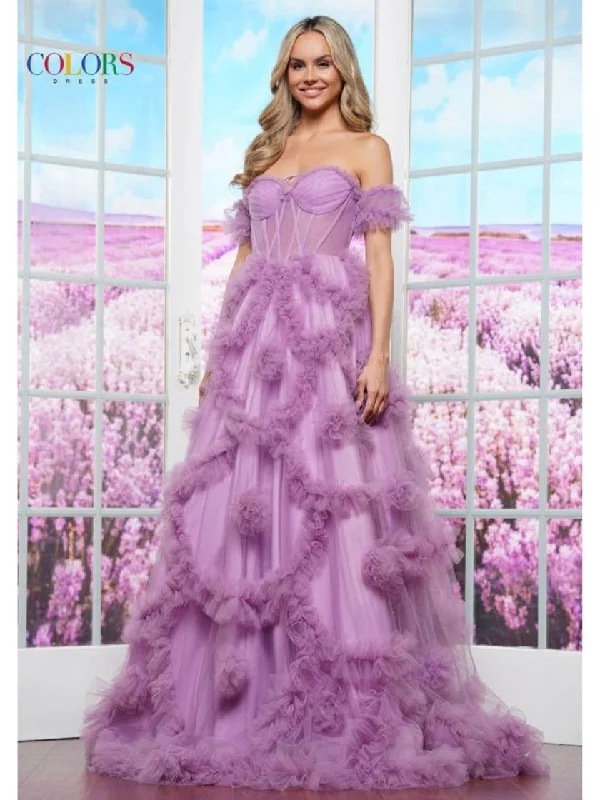 Colors 3488 Long Ruffle Formal Ball Gown Prom Dress