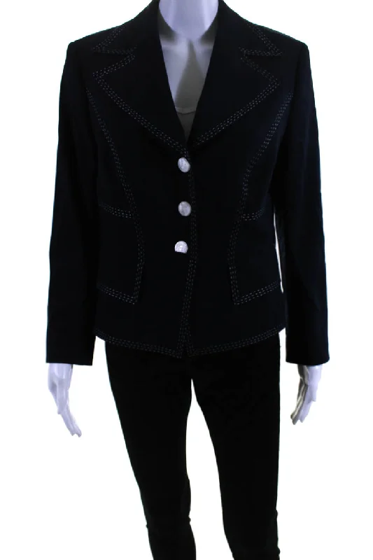 Escada Womens Wide Lapel Button Down Suit Jacket Navy Blue Wool