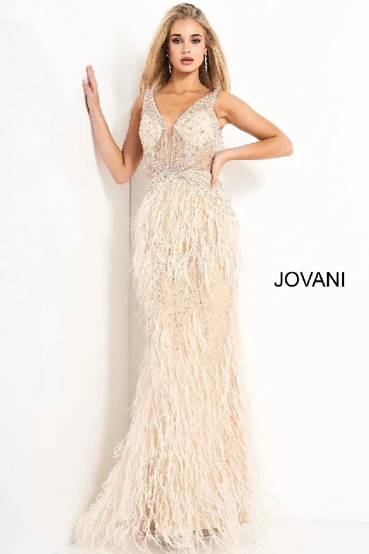 Jovani 03023 Prom Long Sleeveless Feather Dress Blush