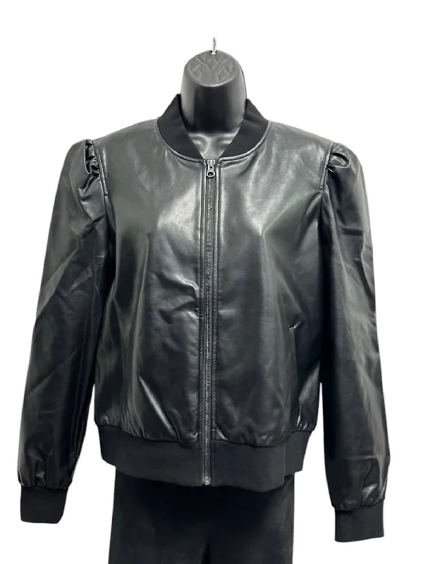 Overstock Women's Zip Up Faux Leather Bomber Jacket In Black