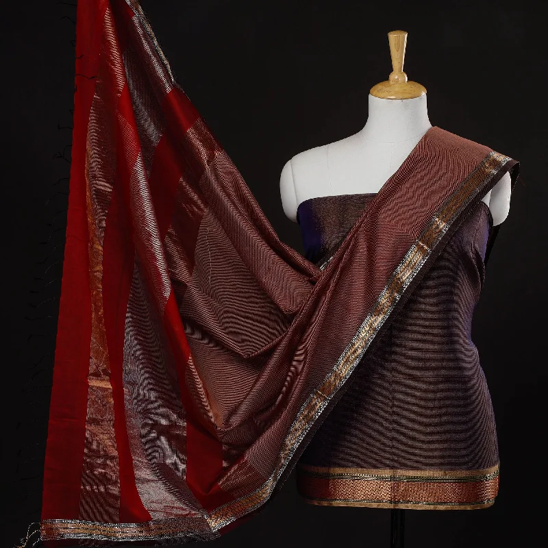 Brown - 2pc Maheshwari Silk Cotton Tissue Zari Work Handloom Suit Material Set