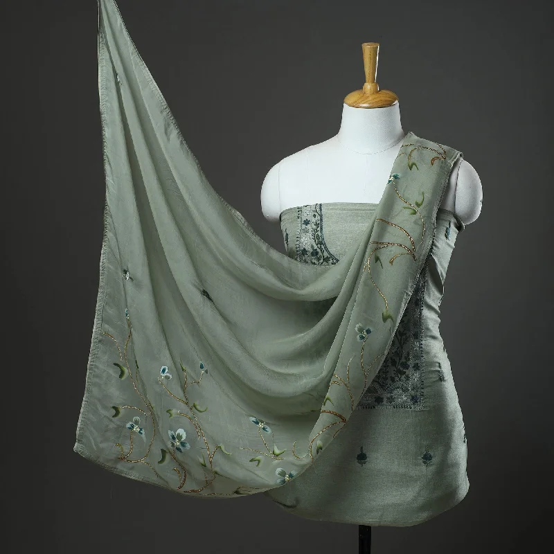 Reduced Prices Green - 3pc Hand Embroidery Dupion Silk Phulkari Dress Material 14