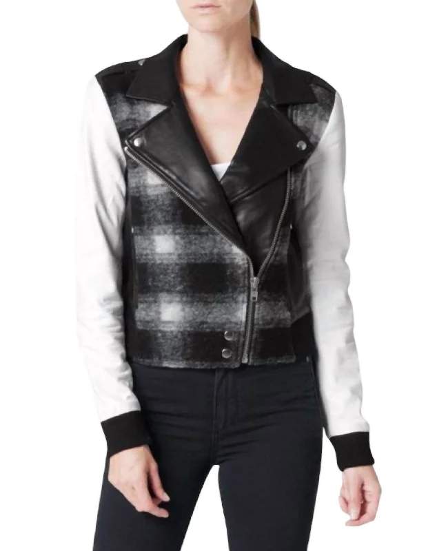 Crazy Deals Shelley Leather Wool Blend Plaid Moto Jacket In Black, White