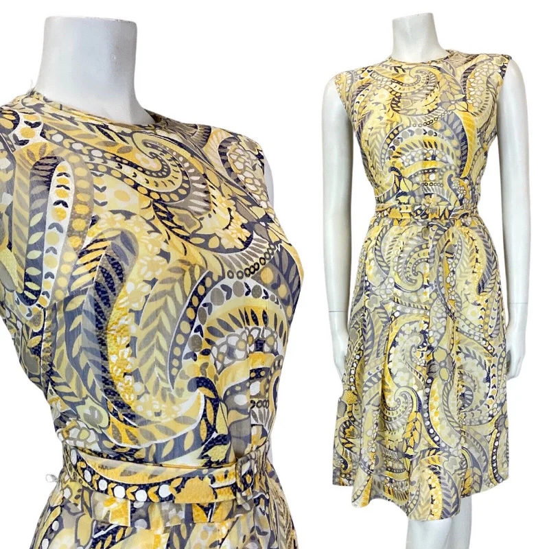 Buy More, Save More VINTAGE 60s 70s YELLOW BLUE PSYCHEDELIC PAISLEY FLOWER MOD SLEEVELESS DRESS 14
