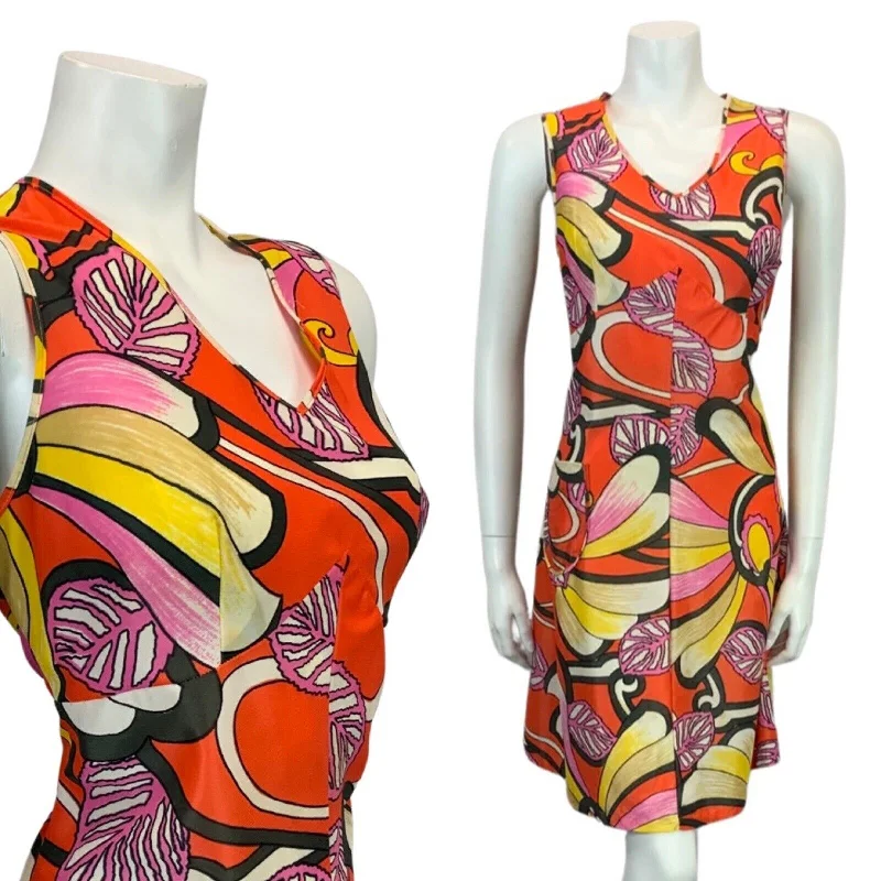 Buy More, Save More VINTAGE 60s 70s PSYCHEDELIC ORANGE PRINK YELLOW MIDI DRESS 12 14