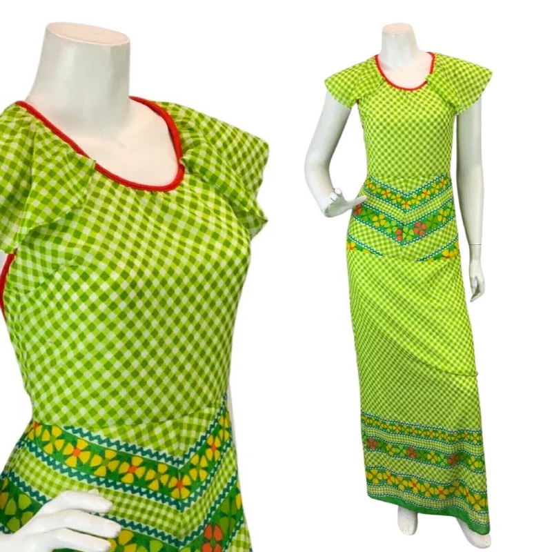 Overstock VINTAGE 60s 70s GREEN WHITE YELLOW GINGHAM FLORAL PRAIRIE FOLK MOD MAXI DRESS 6