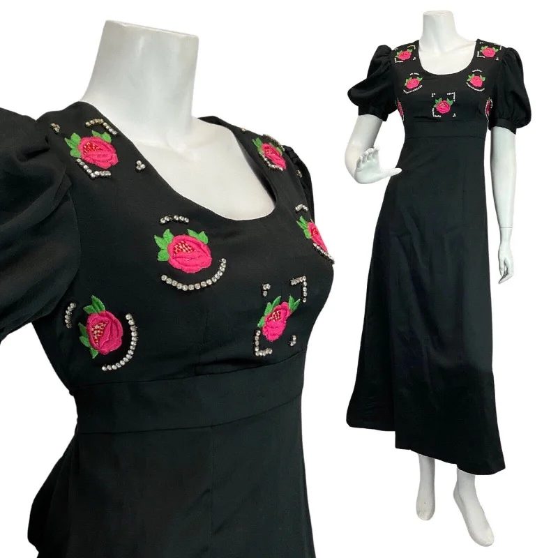 Massive Deals VINTAGE 60s 70s BLACK PINK ROSE EMBROIDERED DIAMANTE PUFF SLEEVE MOD MAXI DRESS