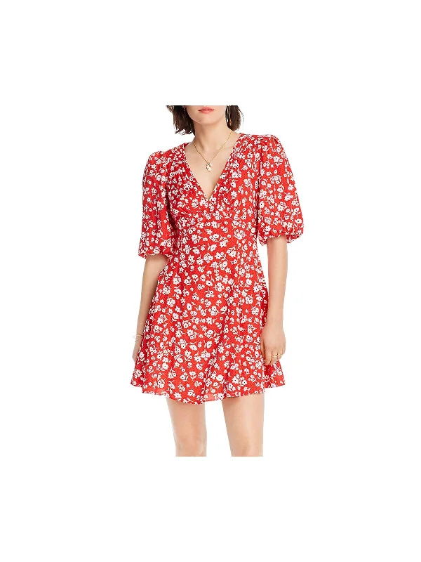 Get It Before It’s Gone LINI Womens Printed Pouf V Neck Above The Knee Fit + Flare Dress