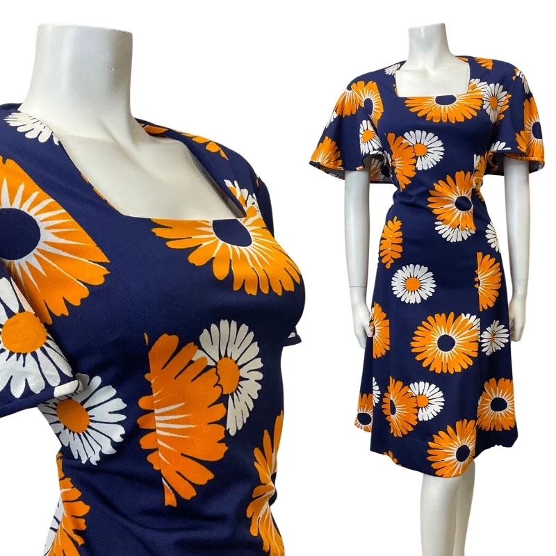 Massive Deals VINTAGE 60s 70s BLUE ORANGE WHITE DAISY FLOWER FLARED SLEEVE MOD DRESS 14 16