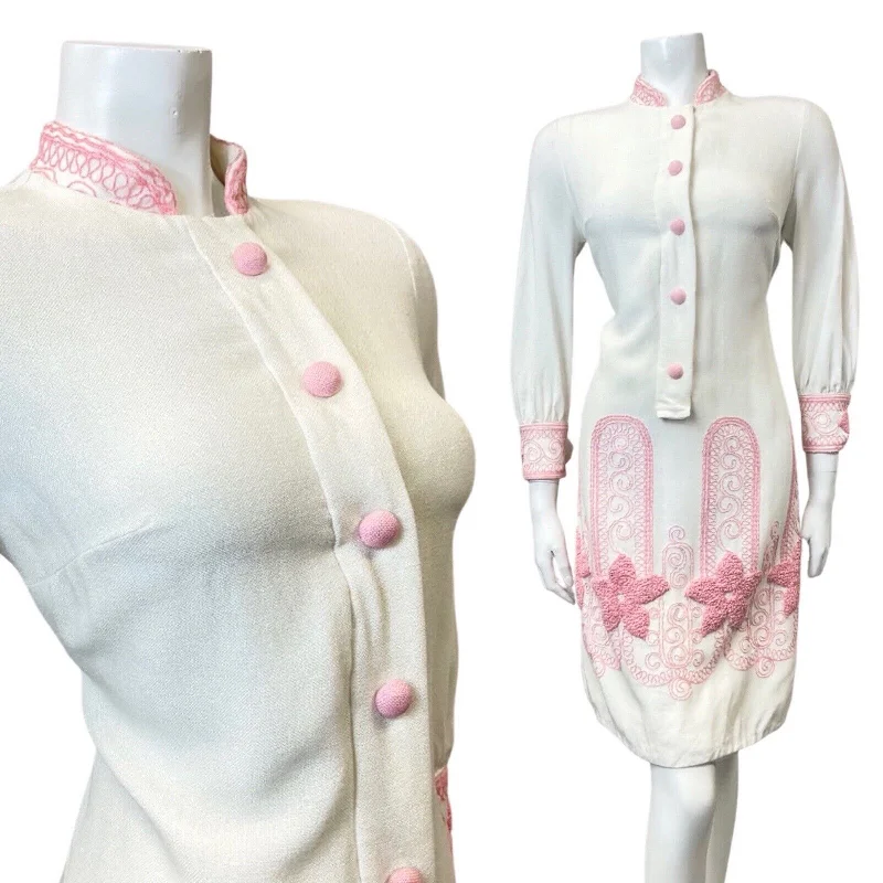 Instant Discount VINTAGE 60s 70s WHITE PINK EMBROIDERED FLORAL SWIRLY MOD BOHO LONGSLEEVE DRESS 8