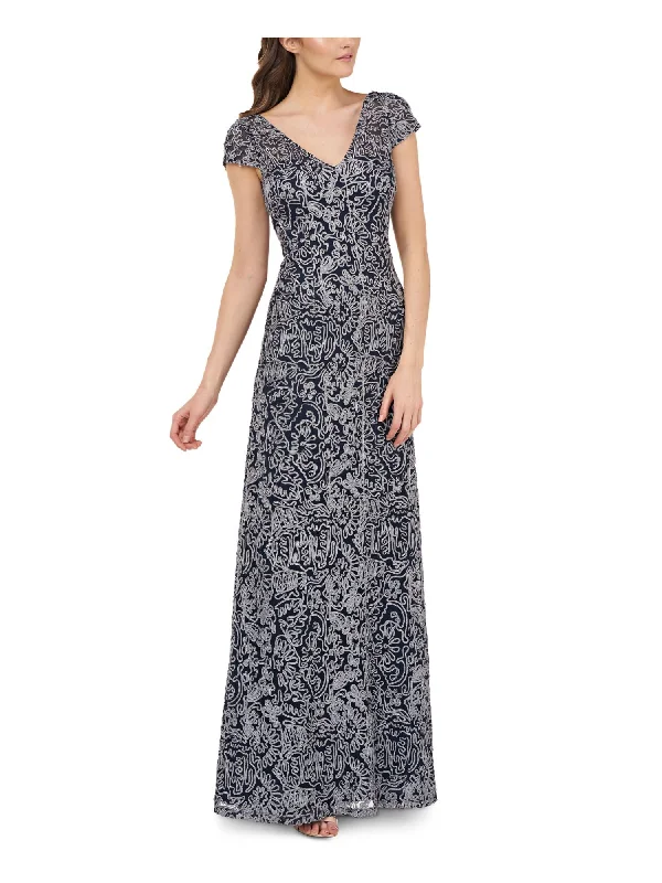 Stock Clearance JS COLLECTION Womens Embellished Patterned Short Sleeve V Neck Full-Length Formal Fit + Flare Dress