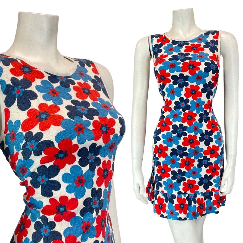 Bargain Prices VINTAGE 60s 70s BLUE RED WHITE DAISY FLOWER POWER MOD SLEEVELESS SHORT DRESS 10