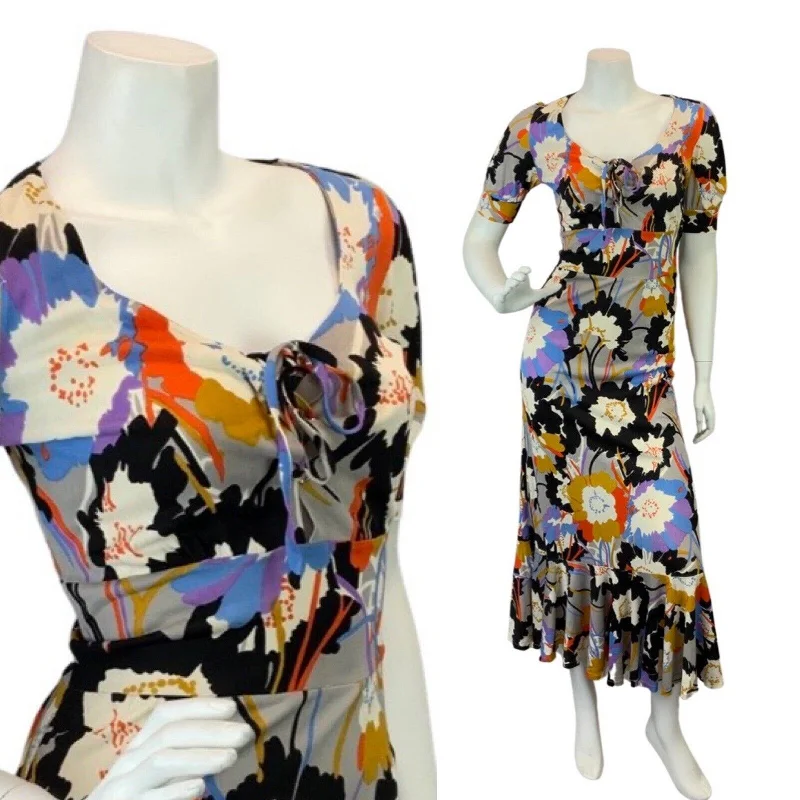 Deal Frenzy VINTAGE 60s 70s BLACK WHITE BLUE PSYCHEDELIC FLORAL RUFFLE MOD MIDI DRESS 6