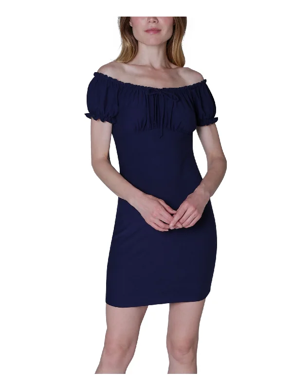 Limited Quantity ULTRA FLIRT Womens Navy Ruched Tie Cap Sleeve Off Shoulder Mini Body Con Dress