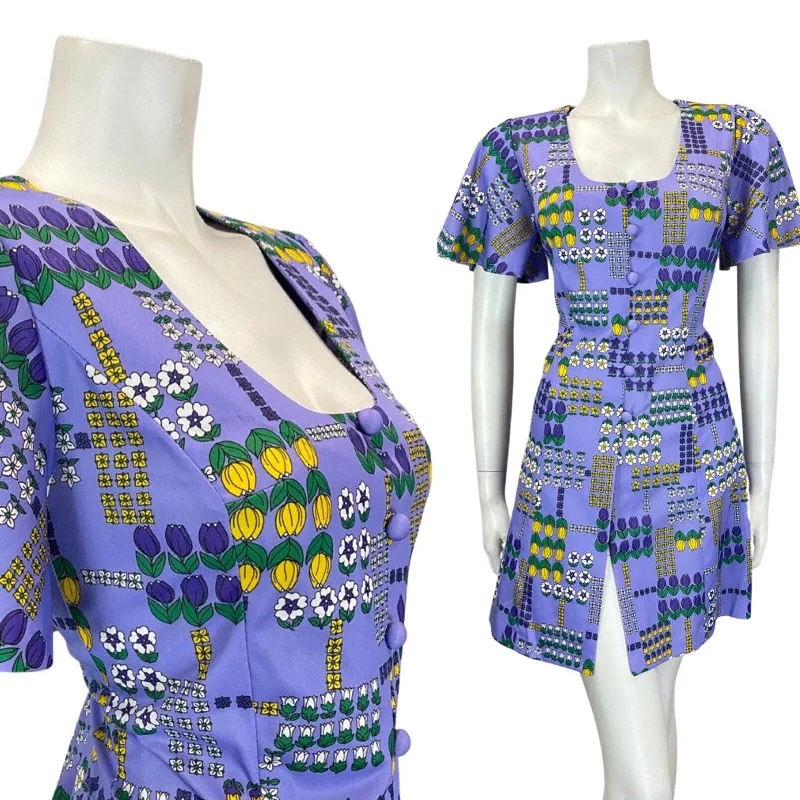 Online Only VINTAGE 60s 70s LILAC WHITE GREEN DAISY TULIP FLOWER POWER MOD MINI DRESS 10 12