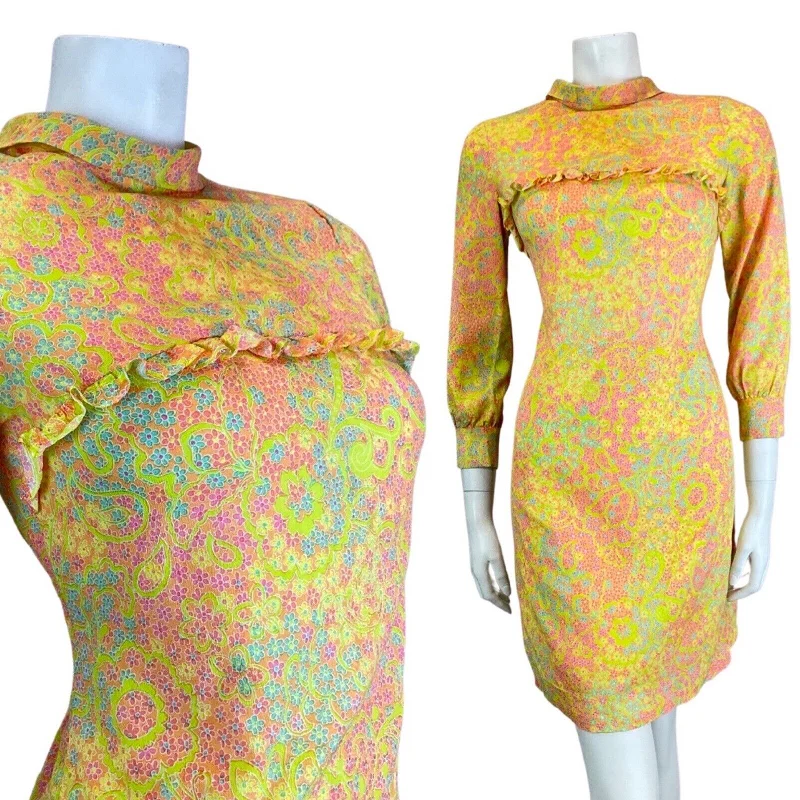 Fantastic Offers VINTAGE 60s 70s GREEN PINK BLUE PSYCHEDELIC FLORAL MOD MINI SHIFT DRESS 8