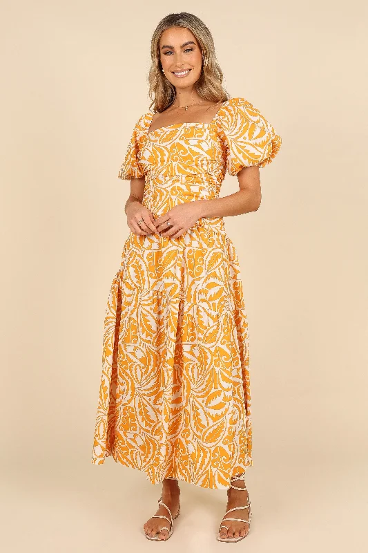 Price Slash Gaylia Puff Sleeve Midi Dress - White/Orange