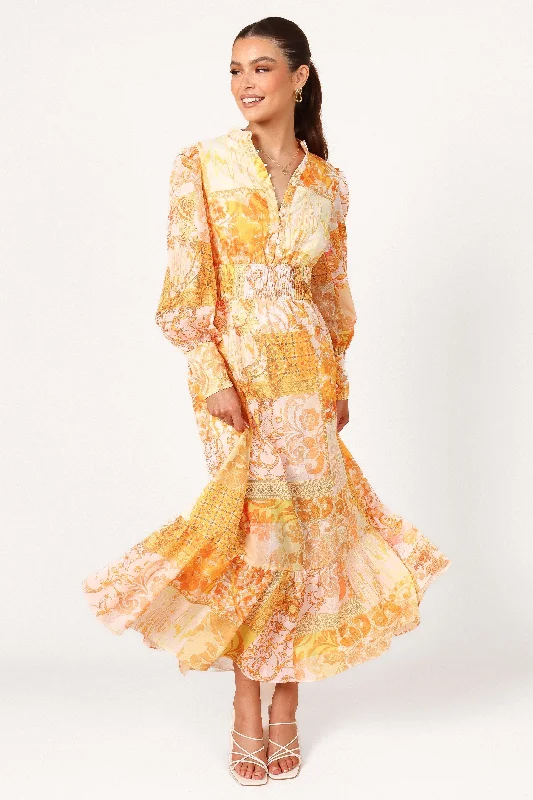 Closeout Elements Elastic Waist Long Sleeve Maxi Dress - Mustard