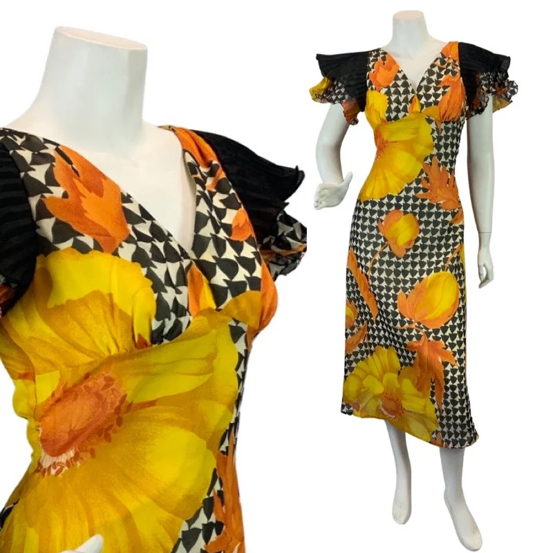Final Markdown VINTAGE 60s 70s YELLOW BLACK WHITE PSYCH MOD FLORAL PLEATED SLEEVE MAXI DRESS 8