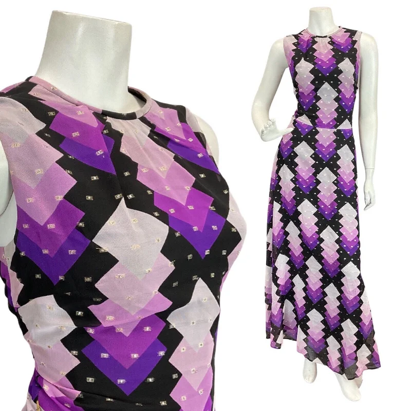 Instant Discount VINTAGE 60s 70s PURPLE BLACK SILVER DIAMOND GEOMETRIC MOD MAXI DRESS 10