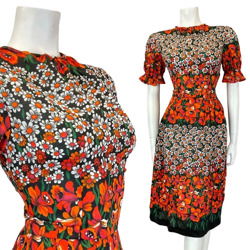 Midnight Sale VINTAGE 60s 70s BLACK ORANGE GREEN FLORAL DAISY PUFF SLEEVE MIDI DRESS 8