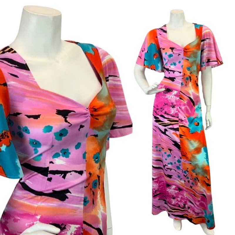 Take Advantage VINTAGE 60s 70s PINK ORANGE BLACK ABSTRACT FLORAL BEACH SUMMER MAXI DRESS 10