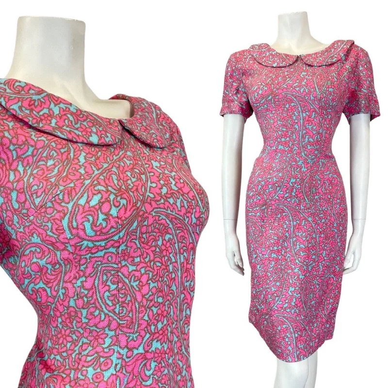 Weekend Deal VINTAGE 60s 70s PINK BLUE PSYCHEDELIC ACANTHUS FLORAL PETER PAN COLLAR DRESS 10
