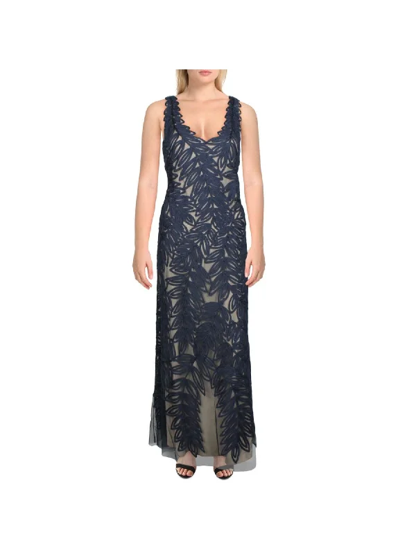 Reduced Prices JS COLLECTION Womens Navy Zippered Soutache Embroidered Two Tone Sleeveless V Neck Full-Length Evening Shift Dress