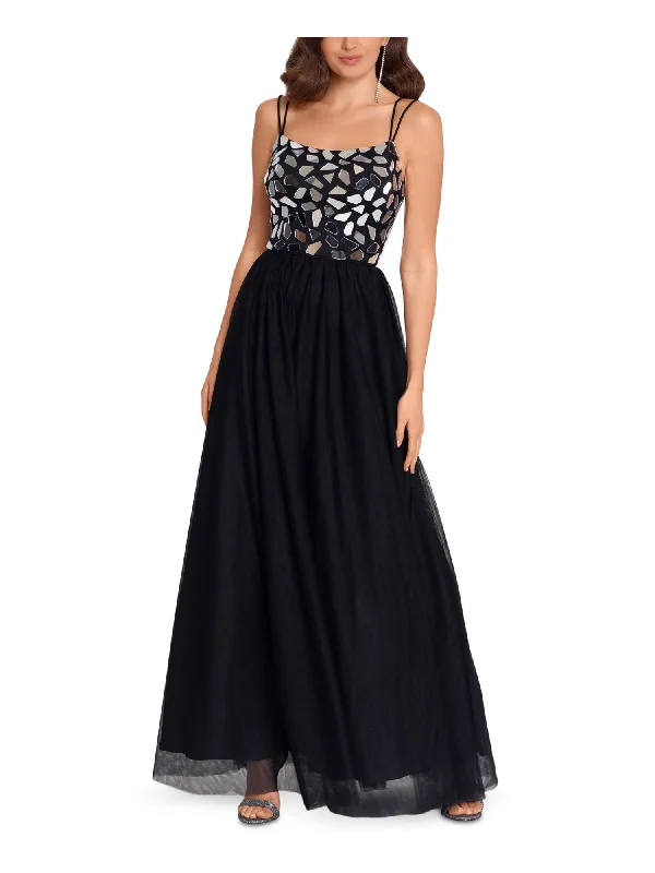 YEAR-End Clearance BLONDIE NITES Womens Black Embellished Spaghetti Strap Scoop Neck Full-Length Formal Fit + Flare Dress