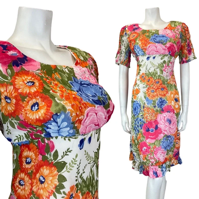 Instant Discount VINTAGE 60s 70s WHITE ORANGE PINK FLORAL MOD EMPIRE LINE MIDI DRESS 10