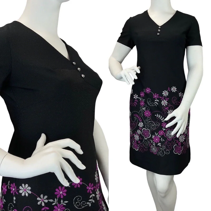 Price Blitz VINTAGE 60s 70s BLACK SILVER PURPLE SWIRLING FLOWER EMBROIDERED MOD DRESS 16