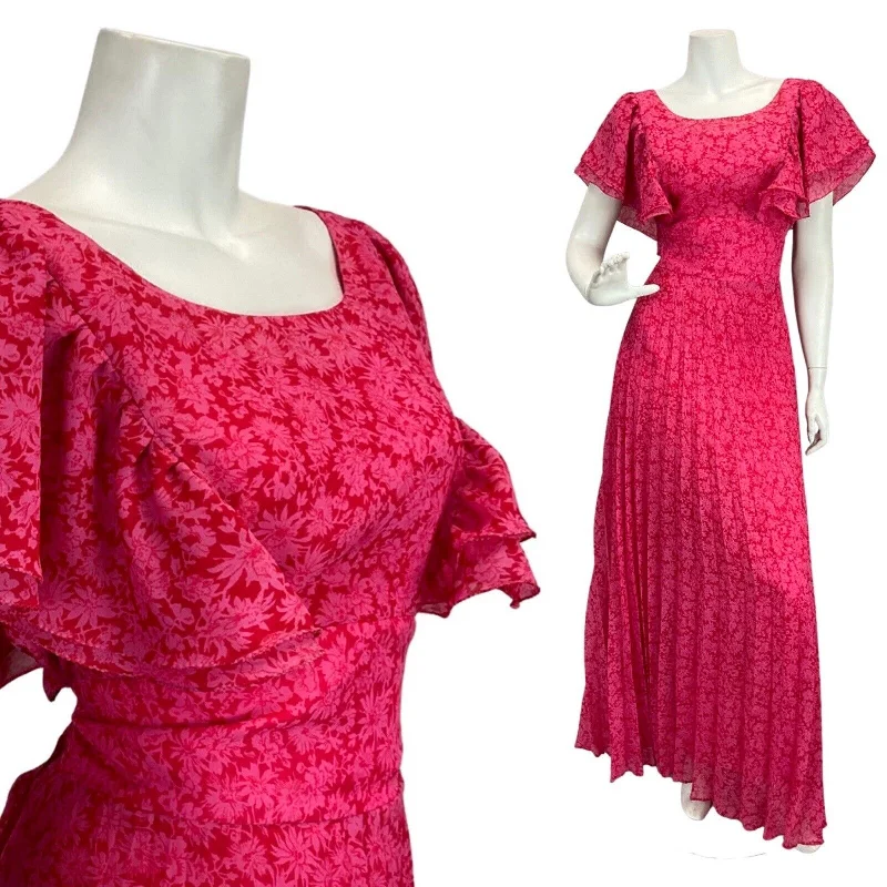 Deal of the Week VINTAGE 60s 70s HOT PINK RED FLORAL PSYCHEDELIC BOHO PLEATED MAXI DRESS 12 14