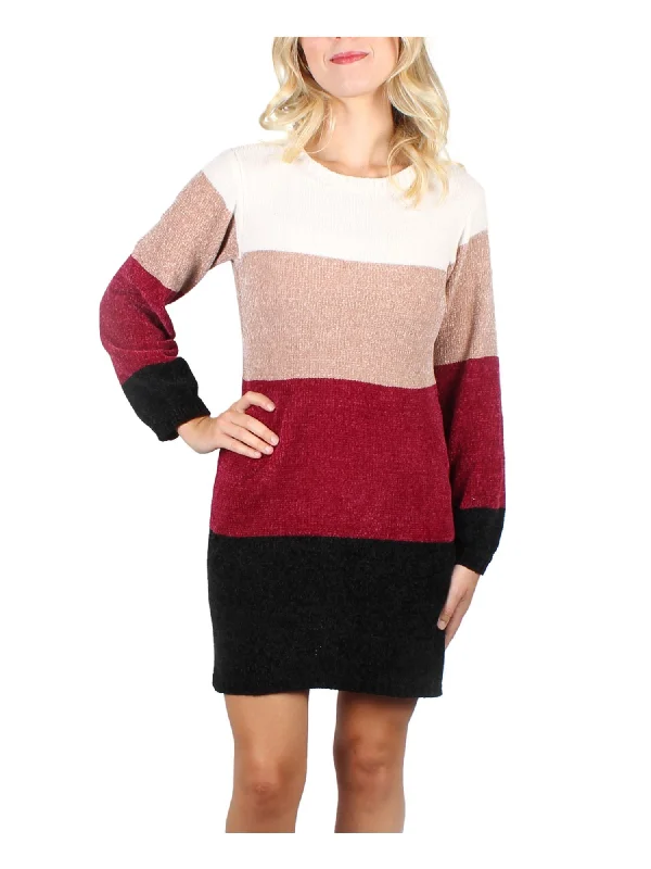 Deep Discounts CRYSTAL DOLLS Womens Color Block Long Sleeve Jewel Neck Above The Knee Sheath Dress