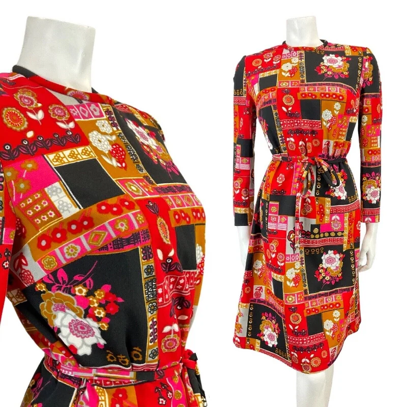Final Markdown VINTAGE 60s 70s RED BLACK GOLD PATCHWORK FLORAL DAISY BELTED MOD DRESS 12 14