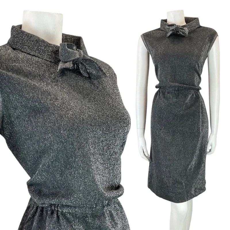 Instant Discount VINTAGE 60s 70s GREY SILVER LUREX GLITTER DISCO PARTY MOD SLEEVELESS DRESS 10 12