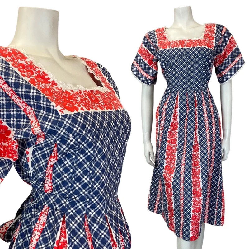 Today Only VINTAGE 60s 70s BLUE RED WHITE PLAID FLORAL PRAIRIE FOLK PLEATED FLARED DRESS 10