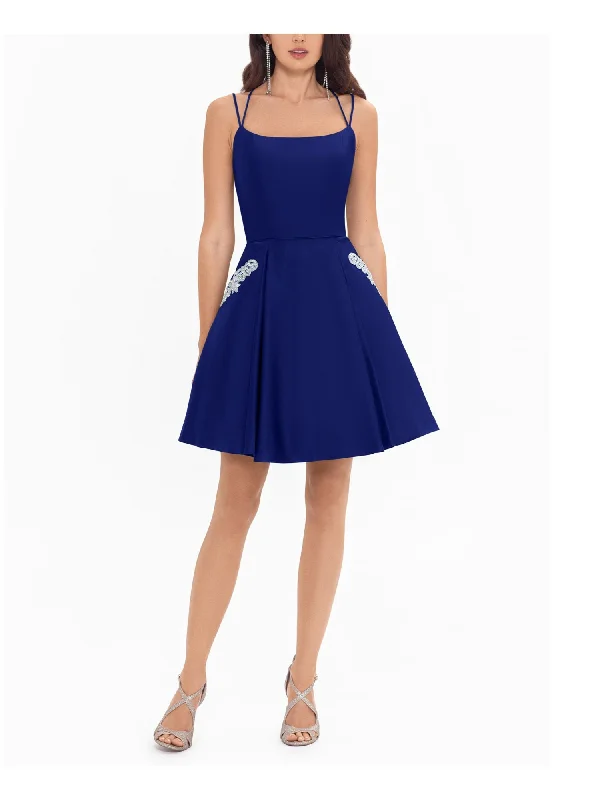 Savings Bonanza BLONDIE NITES Womens Blue Embellished Zippered Spaghetti Strap Scoop Neck Short Party Fit + Flare Dress