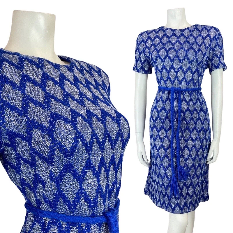 Customer Appreciation Sale VINTAGE 60s 70s BLUE SILVER DIAMOND BELTED LUREX PARTY DISCO DRESS 12 14