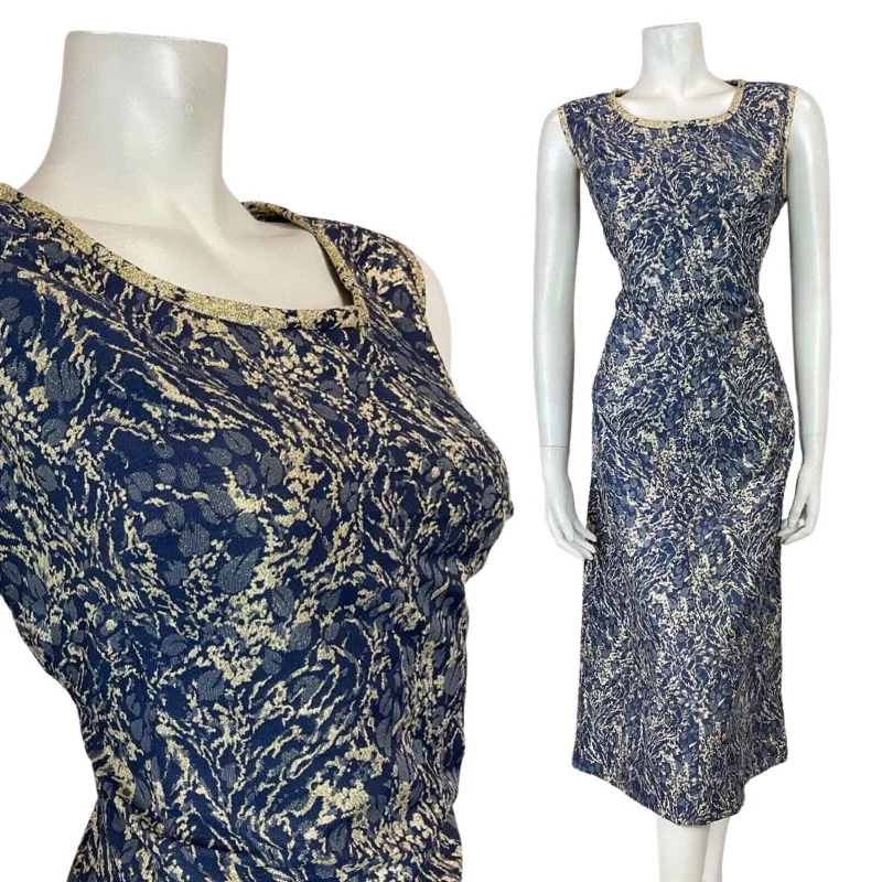 Online Exclusive VINTAGE 60s 70s BLUE SILVER PSYCHEDELIC LEAFY PARTY GLAM SLEEVELESS DRESS 14