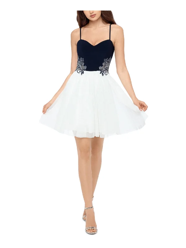Get It Before It’s Gone BLONDIE NITES Womens White Embellished Sheer Spaghetti Strap Mini Formal Fit + Flare Dress