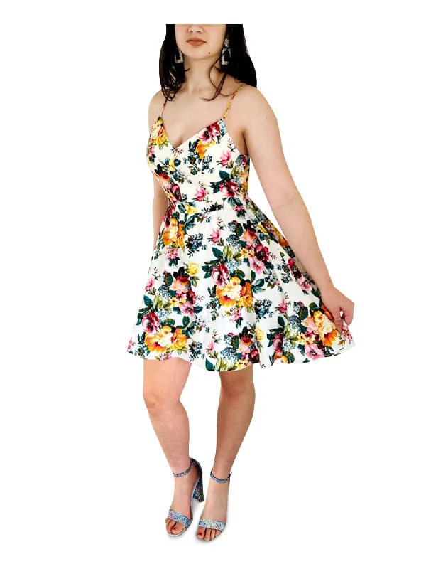Markdown Madness EMERALD SUNDAE Womens Ivory Zippered Fitted Floral Spaghetti Strap V Neck Above The Knee Party Fit + Flare Dress