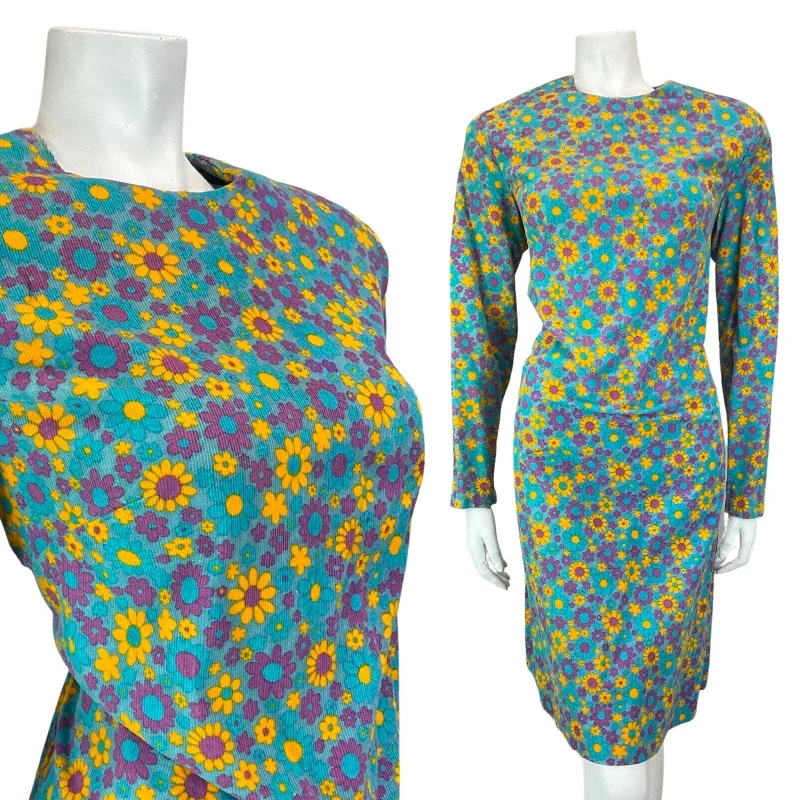 Deal Frenzy VINTAGE 60s 70s BLUE YELLOW PURPLE DAISY FLOWER POWER MOD CORDUROY DRESS 12 14