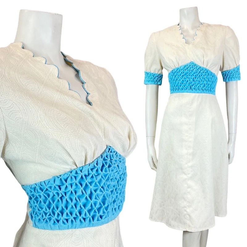 Lowest Prices VINTAGE 60s 70s WHITE BLUE SWIRL SCALLOPED MOD SHORT SLEEVE FIT & FLARE DRESS 10