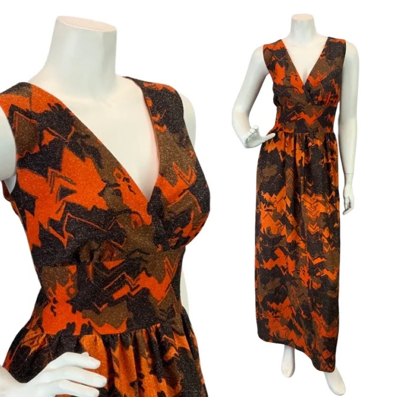 Can't Be Beat VINTAGE 60s 70s ORANGE BROWN BLACK ABSTRACT GEOMETRIC SLEEVELESS MAXI DRESS 10