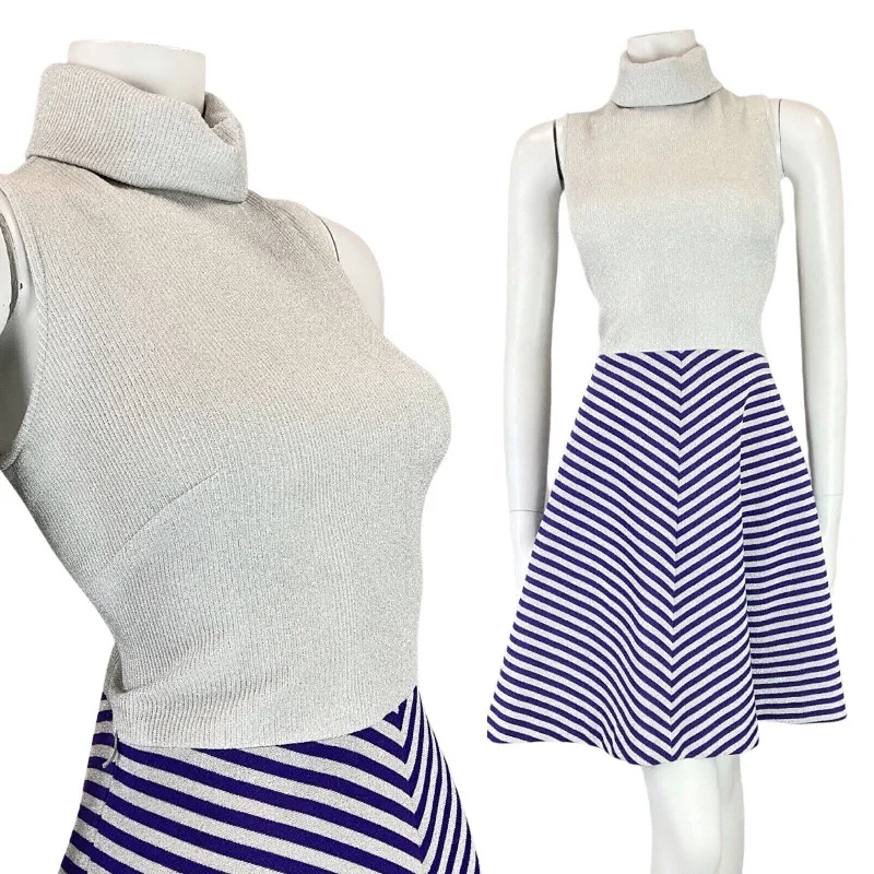 Crazy Deals VTG 60s 70s SILVER PURPLE STRIPED LUREX TURTLENECK FIT & FLARE MOD DRESS 8 10