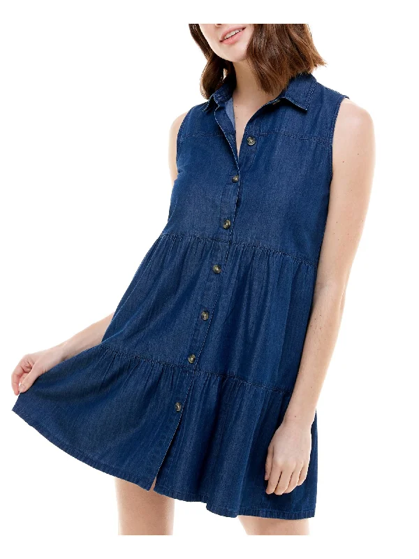 Daily Deals Rosie Harlow Womens Denim Sleeveless Point Collar Short Shift Dress