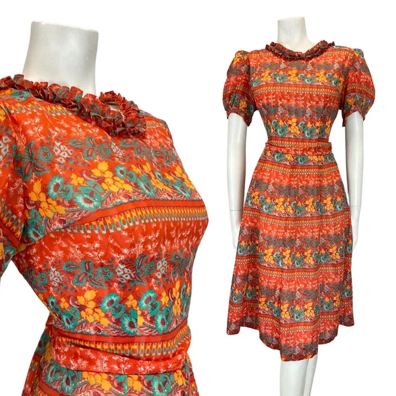 Quick Sale VINTAGE 60s 70s RED YELLOW GREEN GARDEN FLORAL RUFFLED MOD SHORT SLEEVE DRESS 12